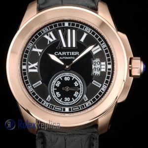 Alternative view of Cartier replica calibre skeletron rose gold black strip leather imitazione copia