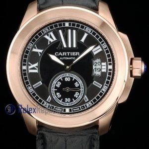 Cartier replica calibre skeletron rose gold black strip leather imitazione copia