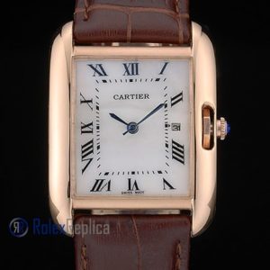 Alternative view of Cartier replica tank americaine oro strip leather brown white dial imitazione copia