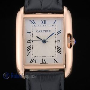 Alternative view of Cartier replica tank americaine oro strip leather black white dial imitazione copia