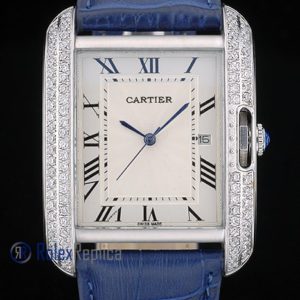 Alternative view of Cartier replica tank americaine brillantini strip leather blue white dial imitazione copia