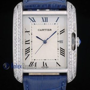 Cartier replica tank americaine brillantini strip leather blue white dial imitazione copia