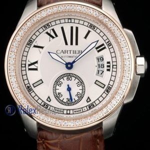 Cartier replica calibre skeletron rose gold strip leather white dial imitazione copia