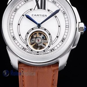 Alternative view of Cartier replica calibre skeletron tourbillon strip leather white dial imitazione copia