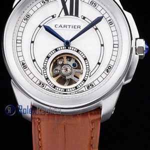 Cartier replica calibre skeletron tourbillon strip leather white dial imitazione copia