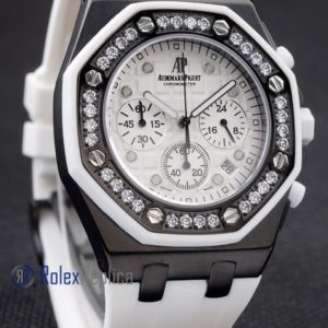 Alternative view of audemars piguet replica chrono offshore acciaio alinghi team lady white strip rubber imitazione copia