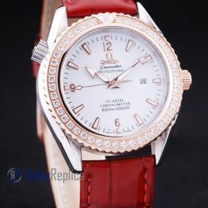 Alternative view of Omega replica seamaster co-axial red lady strip leather imitazione copia