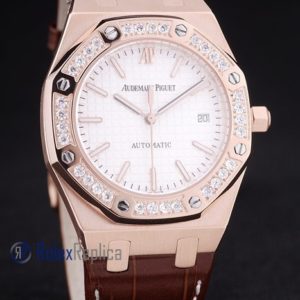 Alternative view of audemars piguet replica royal oak jumb rose gold white dial strip leather brown imitazione copia