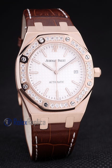 audemars piguet replica royal oak jumb rose gold white dial strip leather brown imitazione copia