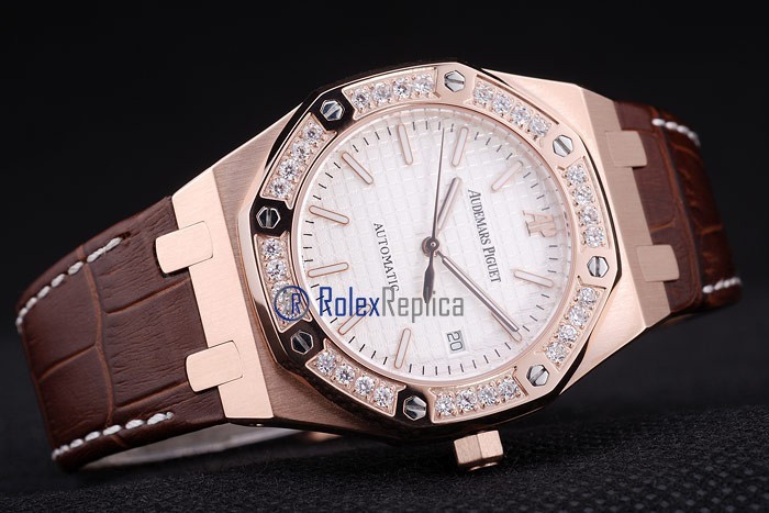 audemars piguet replica royal oak jumb rose gold white dial strip leather brown imitazione copia - immagine 4