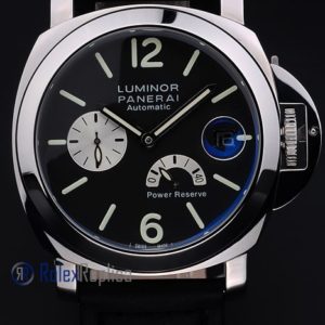 Alternative view of Panerai replica luminor marina power reserve strip leather acciaio black dial imitazione copia