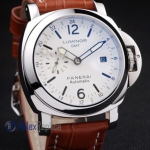 Alternative view of Panerai replica luminor GMT acciaio white dial strip leather imitazione copia