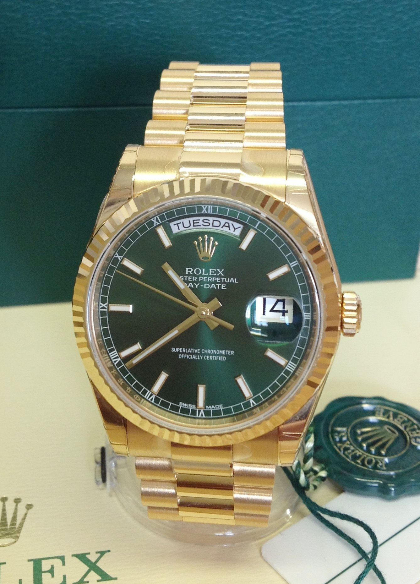 Rolex replica day-date 118238 oro giallo green dial