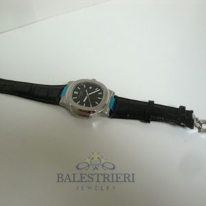 Alternative view of patek philippe replica nautilus acciaio black dial strip leather orologio imitazione