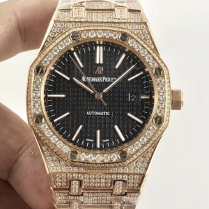 Audemars piguet replica royal oak 41mm rose gold full paved diamonds black dial