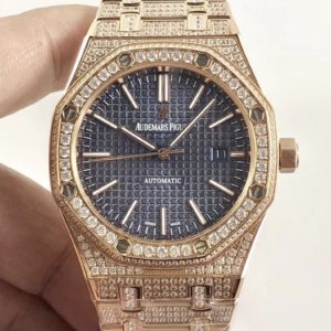 Audemars piguet replica royal oak 41mm rose gold full paved diamonds blue dial
