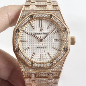 Audemars piguet replica royal oak 41mm rose gold full paved diamonds white dial
