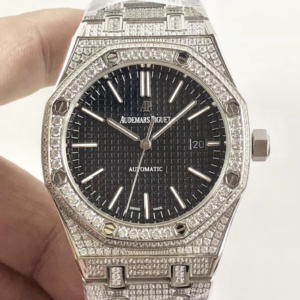Audemars piguet replica royal oak 41mm white gold full paved diamonds black dial