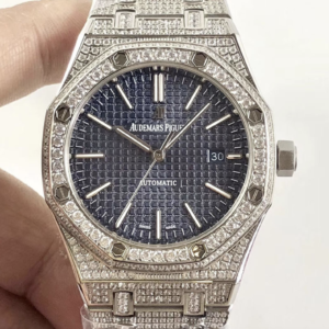 Audemars piguet replica royal oak 41mm white gold full paved diamonds blue dial