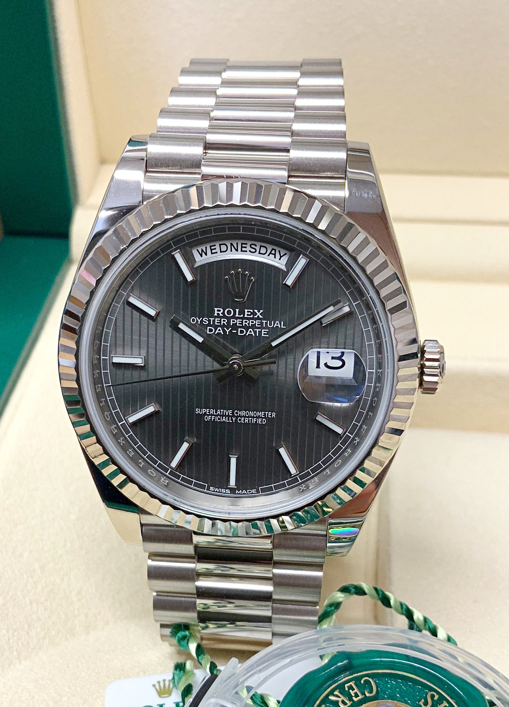 Rolex replica Day-Date 40 228239 White Gold silver dial